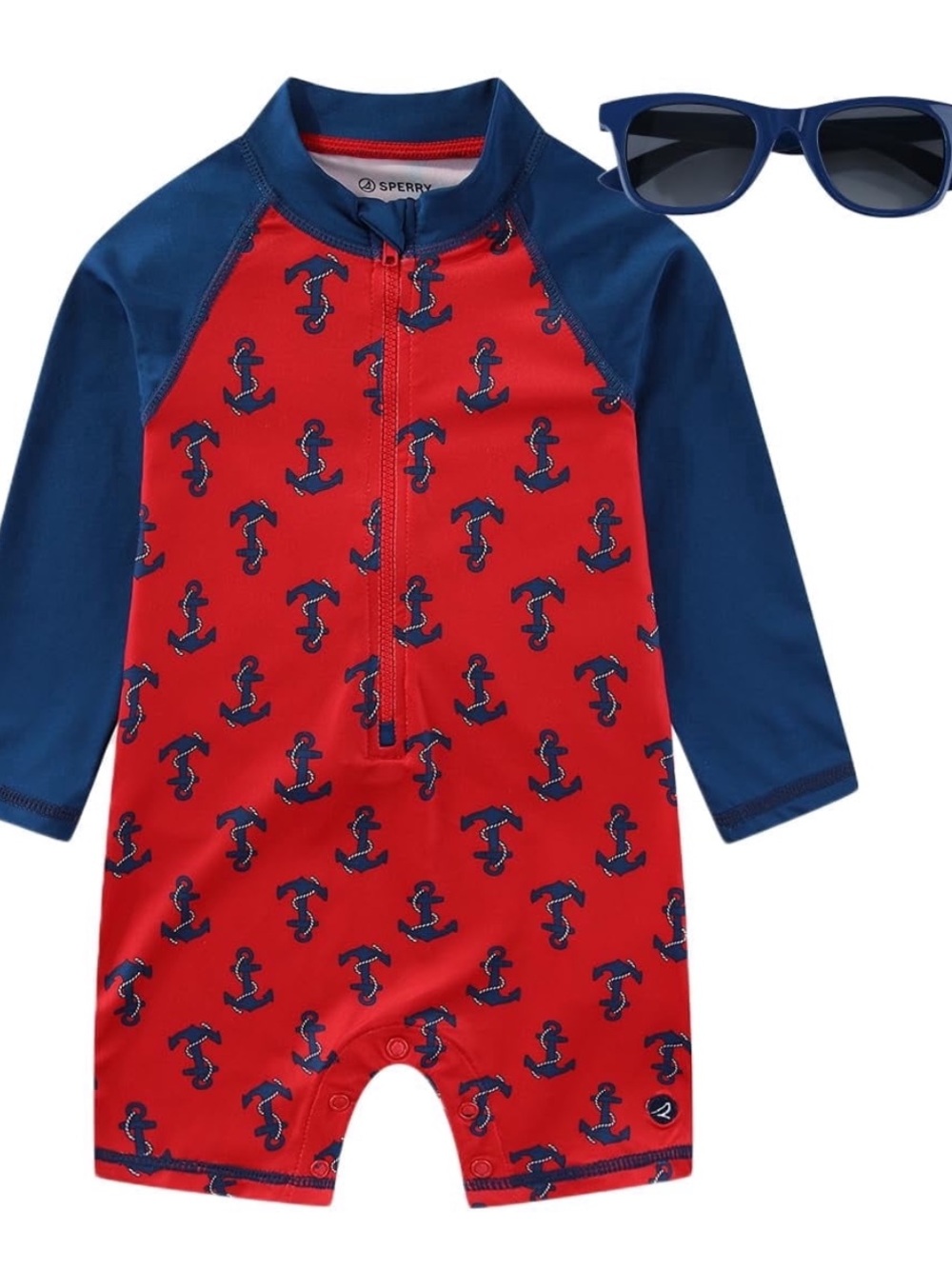 NWT Sperry Red & Navy Anchor One-Piece Rashguard w/ Sunglasses
